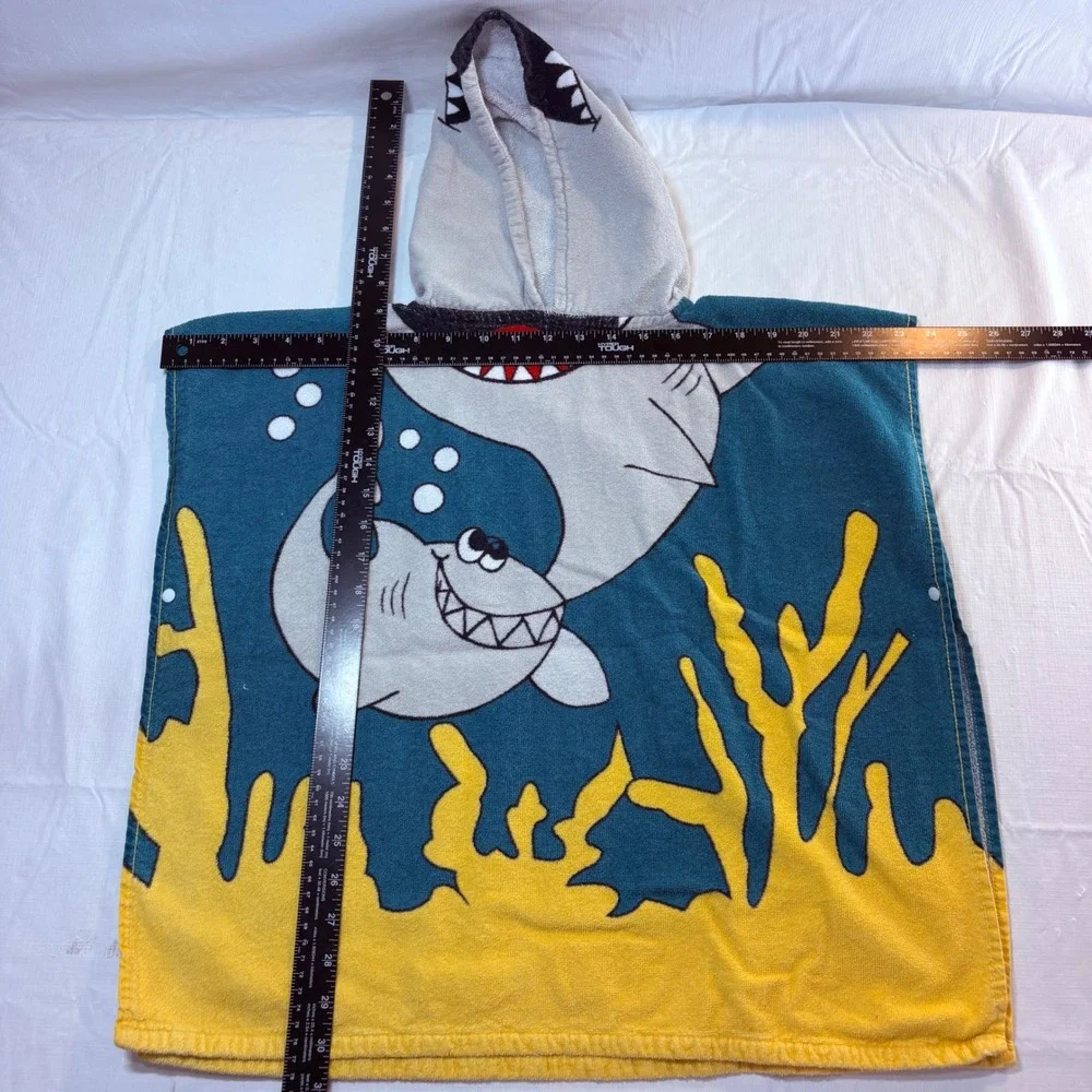 Huntington Home Kids Shark Hooded Towel Poncho Blue Yellow Cotton Wrap 5169